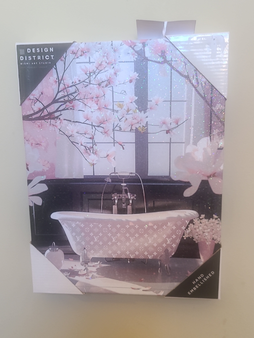 Design District Pink Blossom Bathtub Wall Art with Glitter Accents